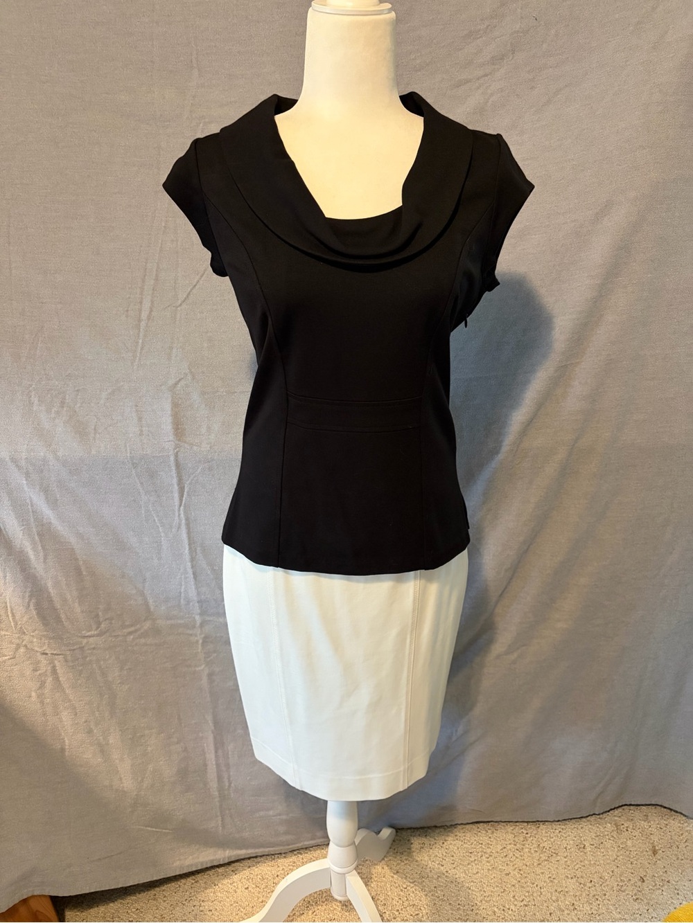 White House Black Market elegant Black Cowl Neck Cap-Sleeve Top and skirt